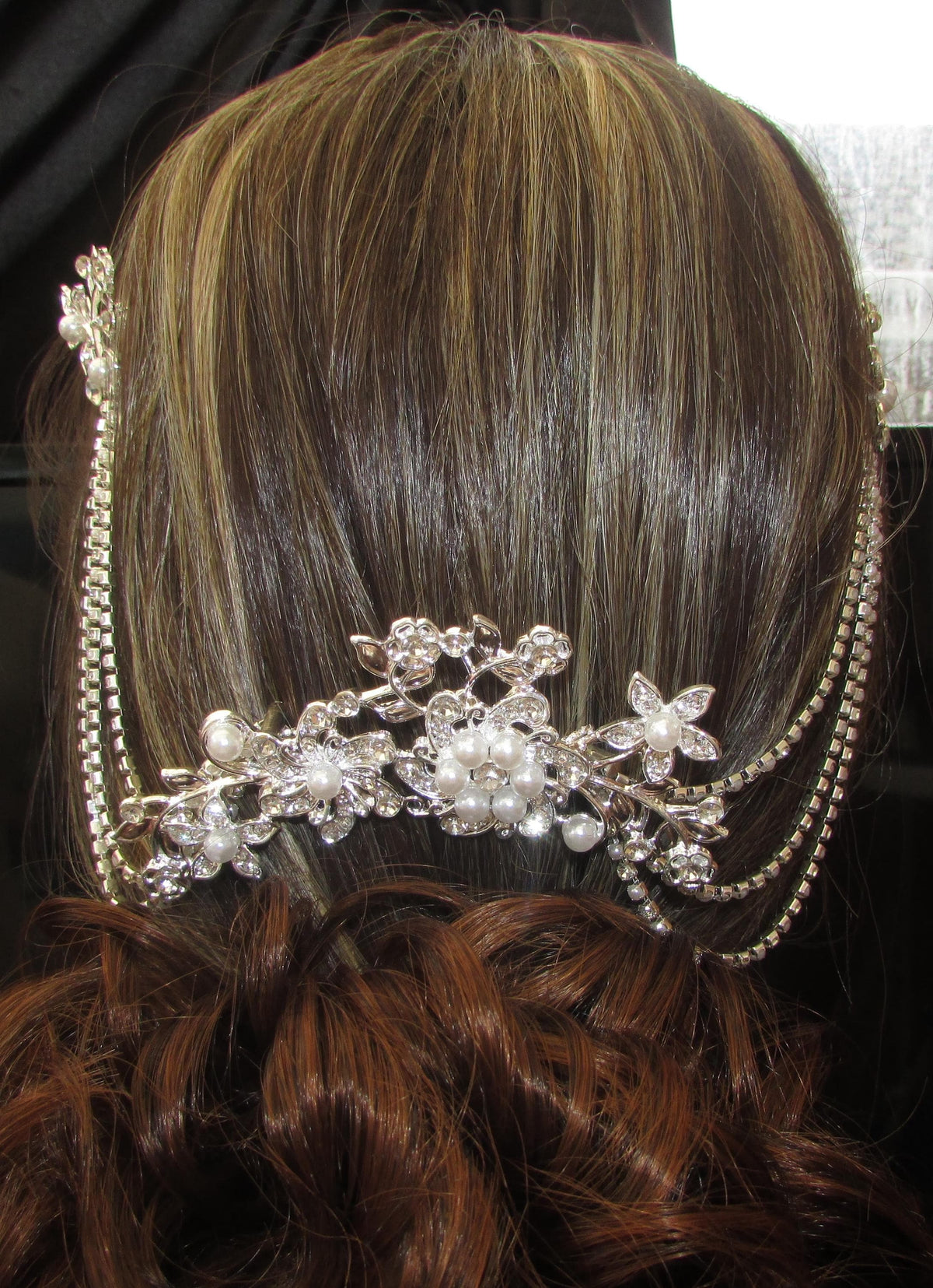 Pearl and Diamante rhinestone wedding hair chain and comb hair accessory. 3 rows. Bridal headpiece accessory.