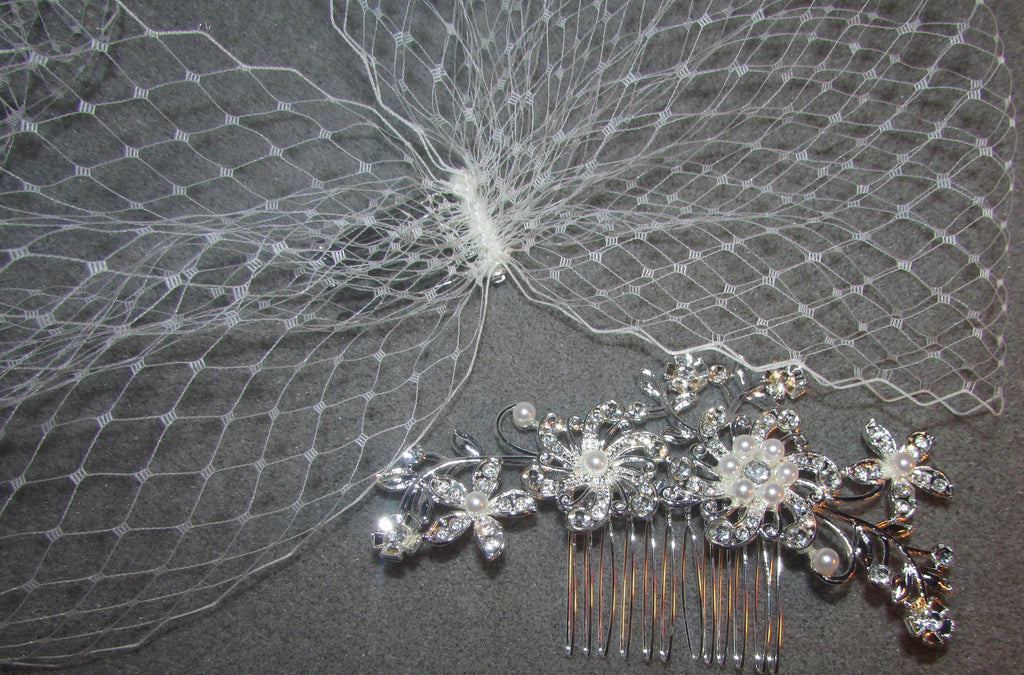 Birdcage veil and Diamante comb set. Ivory Wedding veil. 2 piece set. Bandeau style 8"
