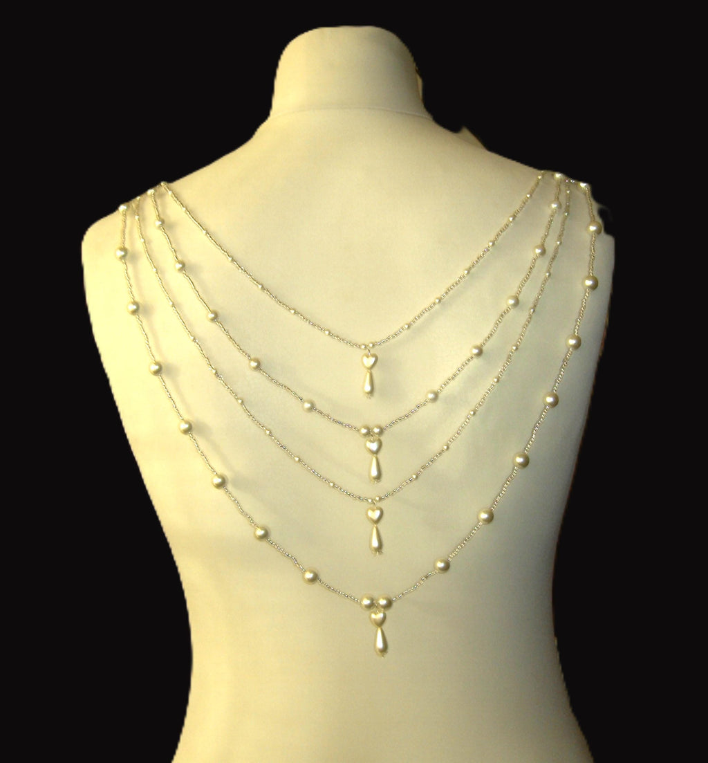 Crystal Pearl Drop Heart Draped Wedding Necklace: Front or back Silver Bridal Body Chain