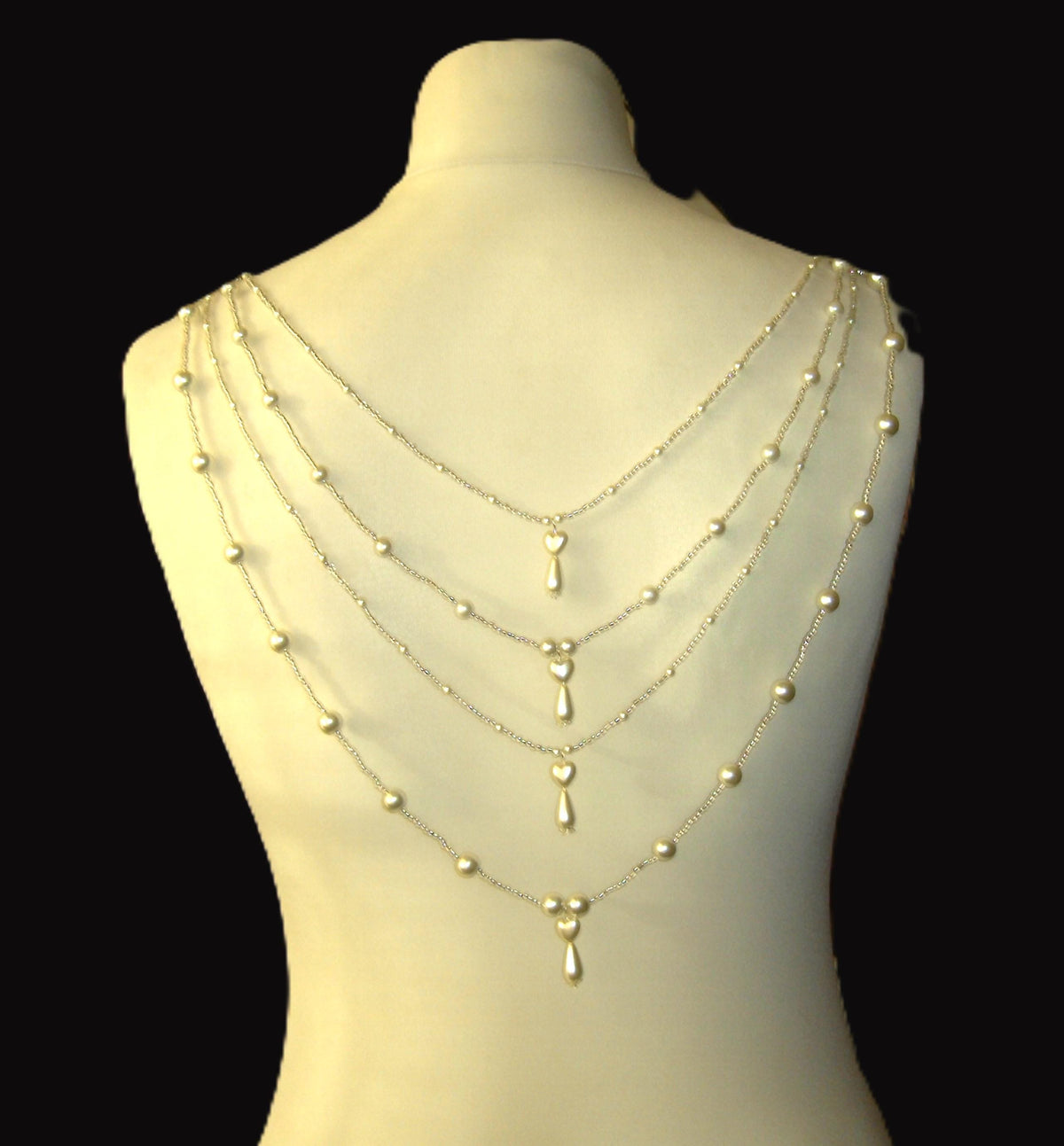 Crystal Pearl Drop Heart Draped Wedding Necklace: Front or back Silver Bridal Body Chain