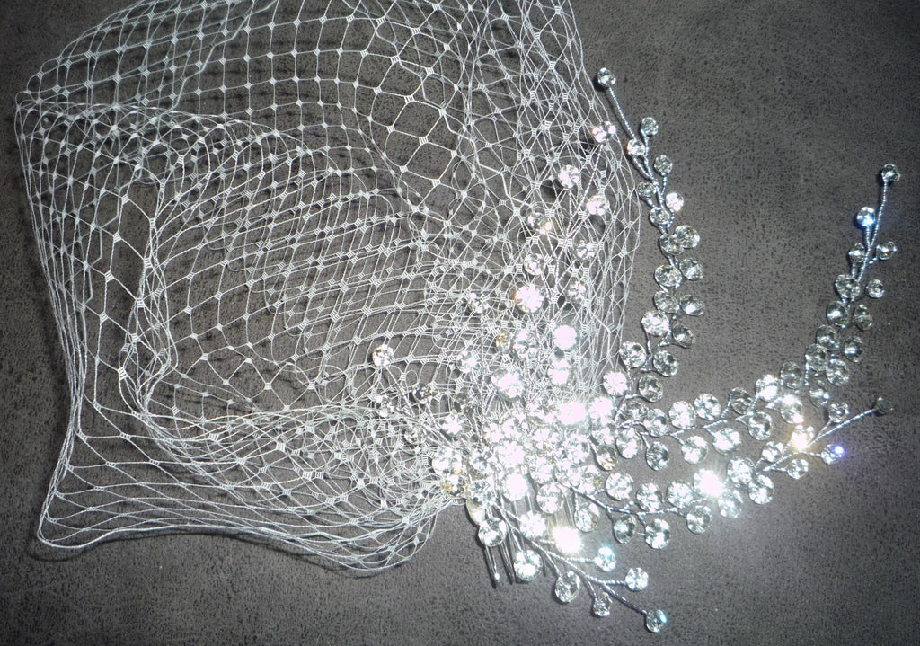 Birdcage veil wedding veil Ivory detachable Diamante cascade comb.