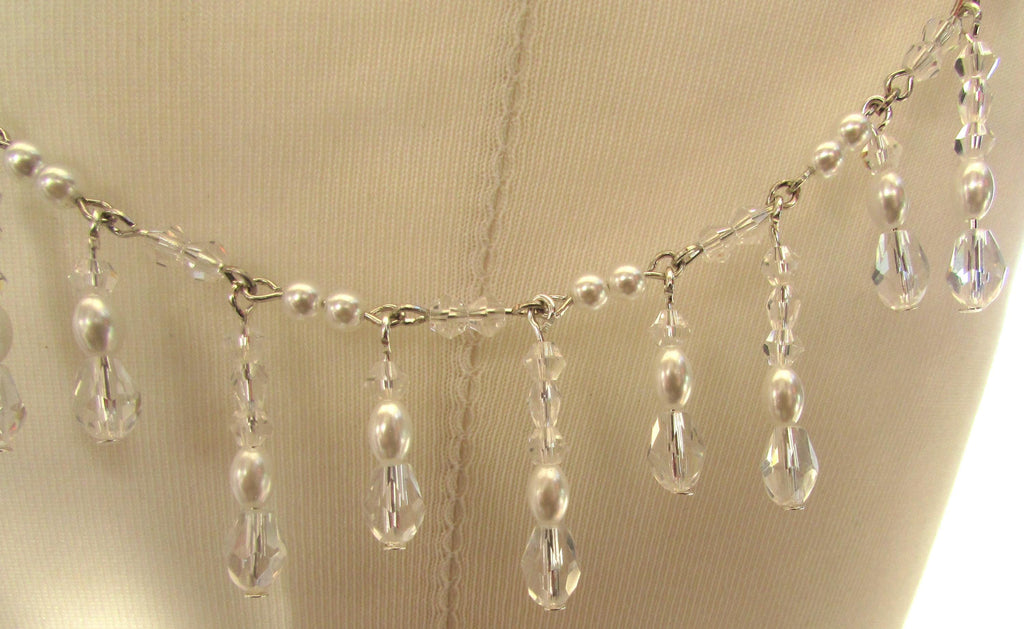Shoulder Chains Crystal drop Epaulettes:  Treadrop with Crystals, pearls and rice pearls. Handmade Silver Body Jewellery 1 pair