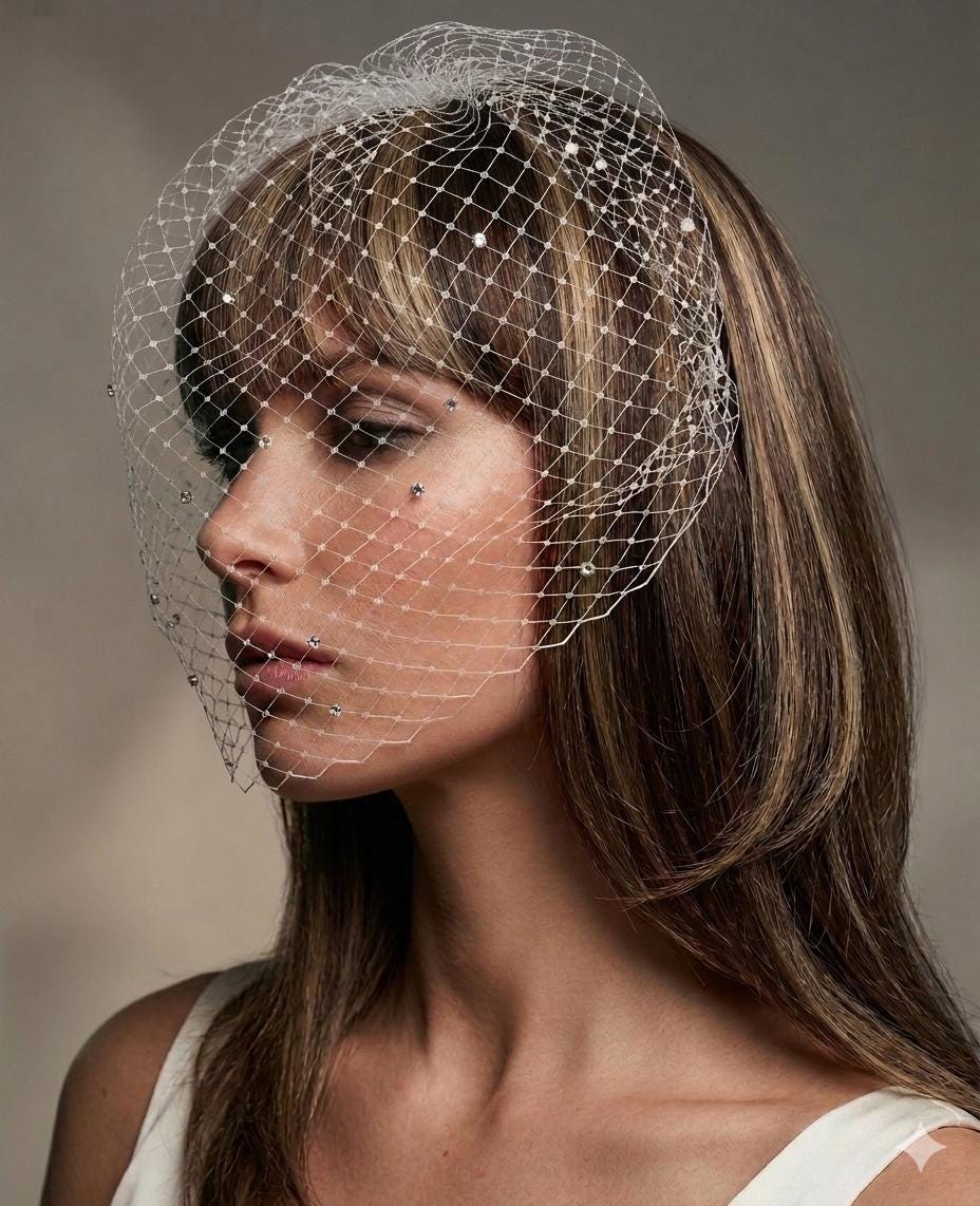 Birdcage wedding veil Ivory with scattered diamante rhinestones. 8 inch full face