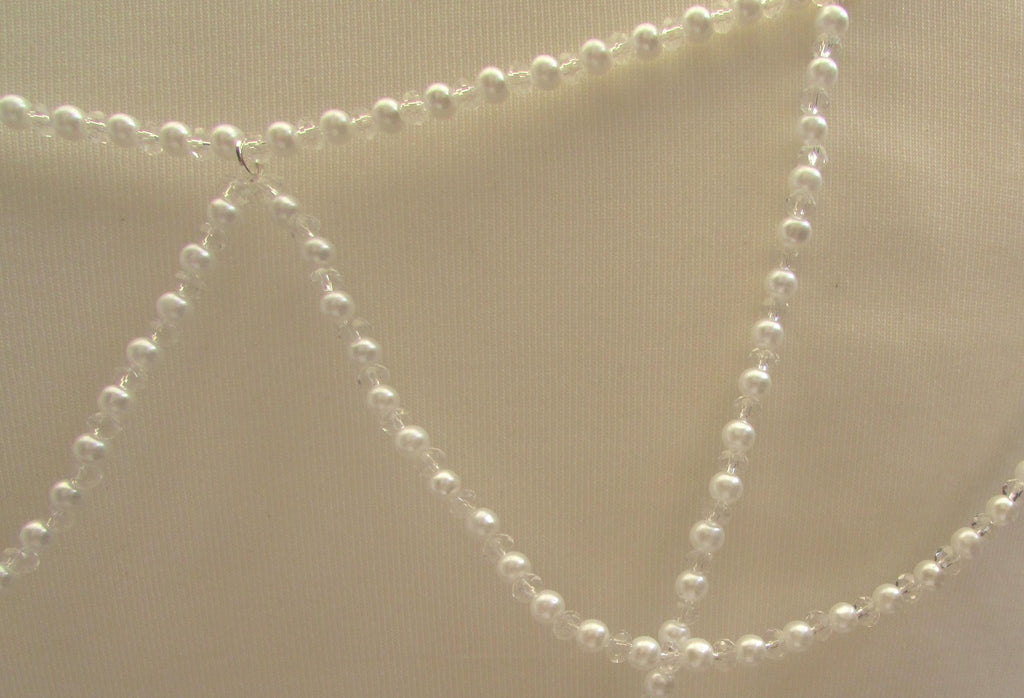 Crystal and Pale Ivory Pearl Loop back drape necklace 3 rows bridal chains wedding dress accessory.