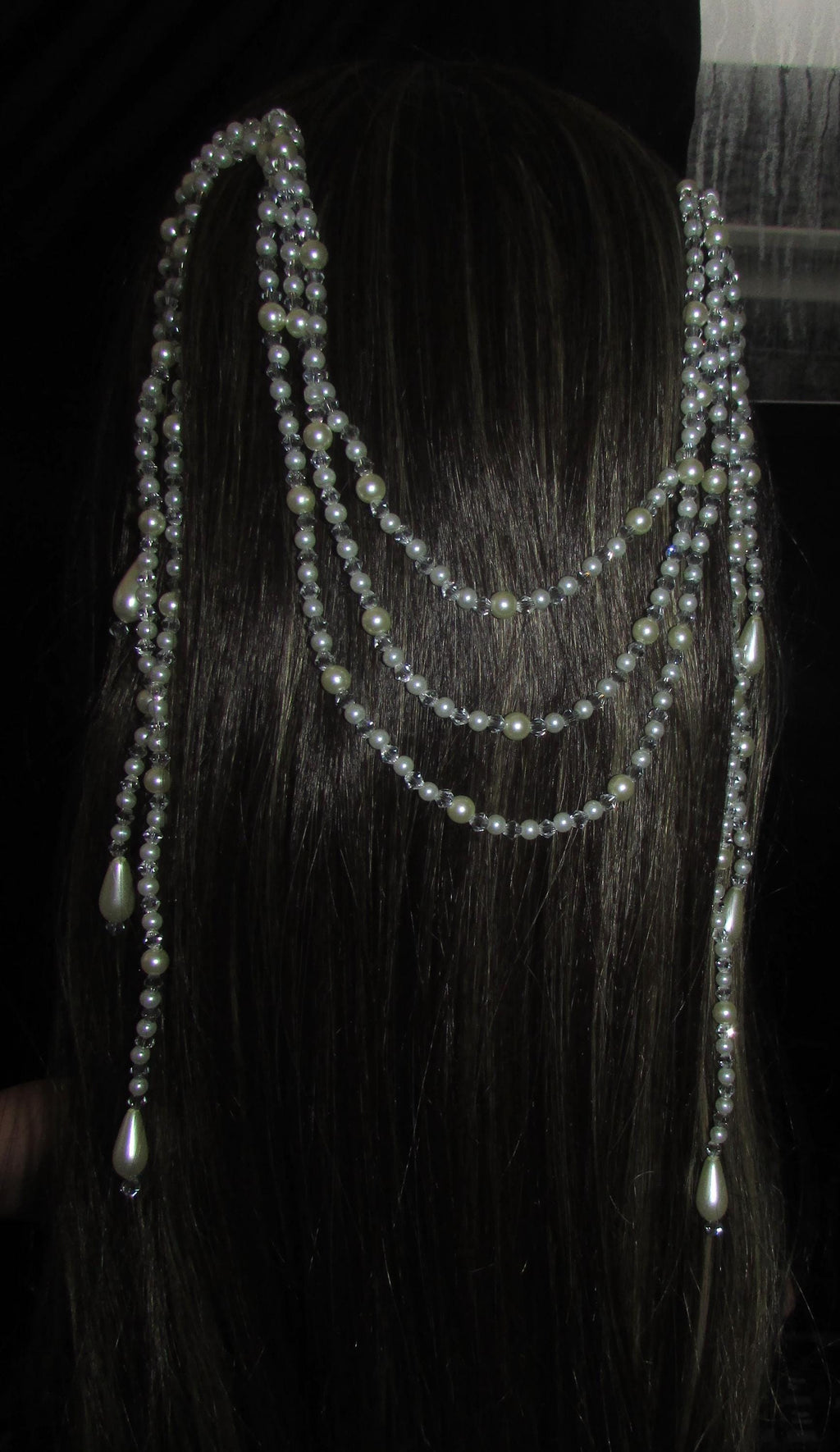 Crystal and pearl teardrop wedding hair chain accessory comb. Choose 2 or 3 rows. Bridal headpiece.