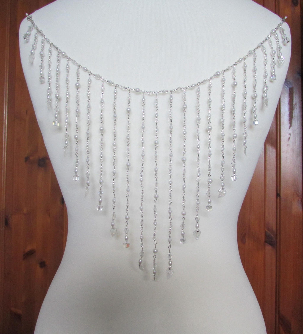 Crystal Pearl Back Drape Necklace AB Cube leaf Tassels, Brides Wedding dress statement draped back Body Chain.