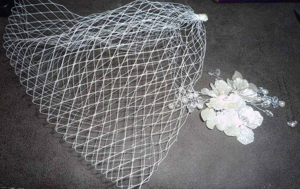 Birdcage veil bandeau 8 inch wedding veil Ivory Pearl crystal diamante flowers clip.