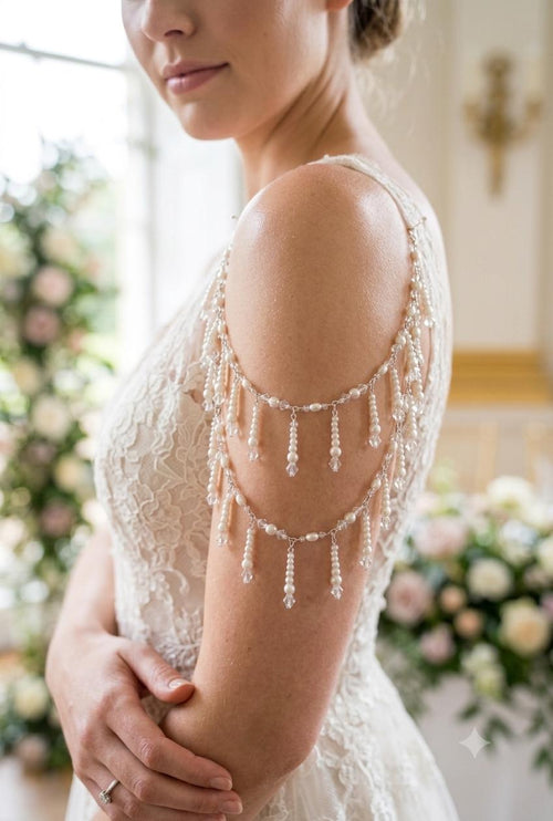 AB Crystal and pearl drop arm Chains Handmade Silver Wedding Body Jewellery  sold as 1 pair. Choose 1 or 2 row options