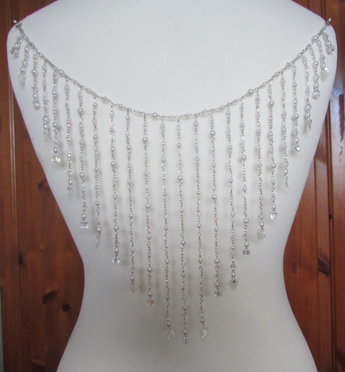 Crystal Pearl Back Drape Necklace AB Cube leaf Tassels, Brides Wedding dress statement draped back Body Chain.
