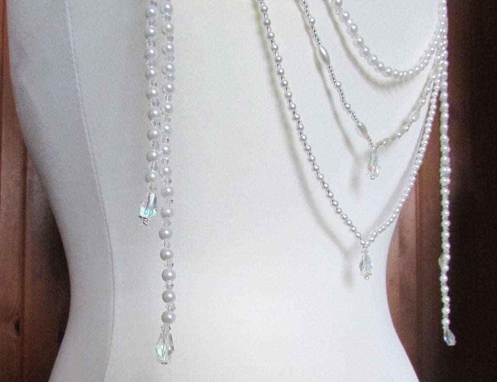 Pearl and AB crystal teardrop wedding dress back chain accessory Bridal accessory. 3 rows body chain.