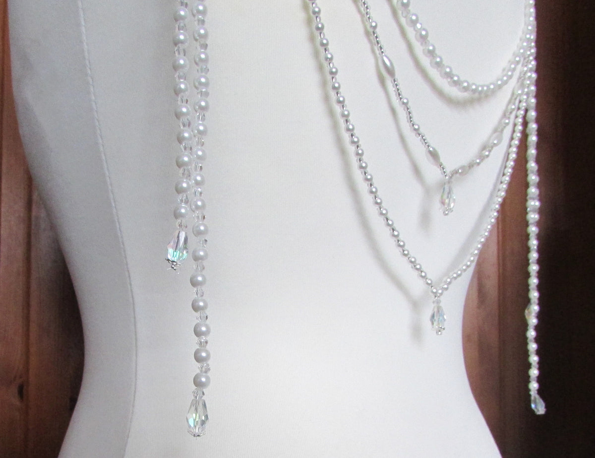 Pearl and AB crystal teardrop wedding dress back chain accessory Bridal accessory. 3 rows body chain.