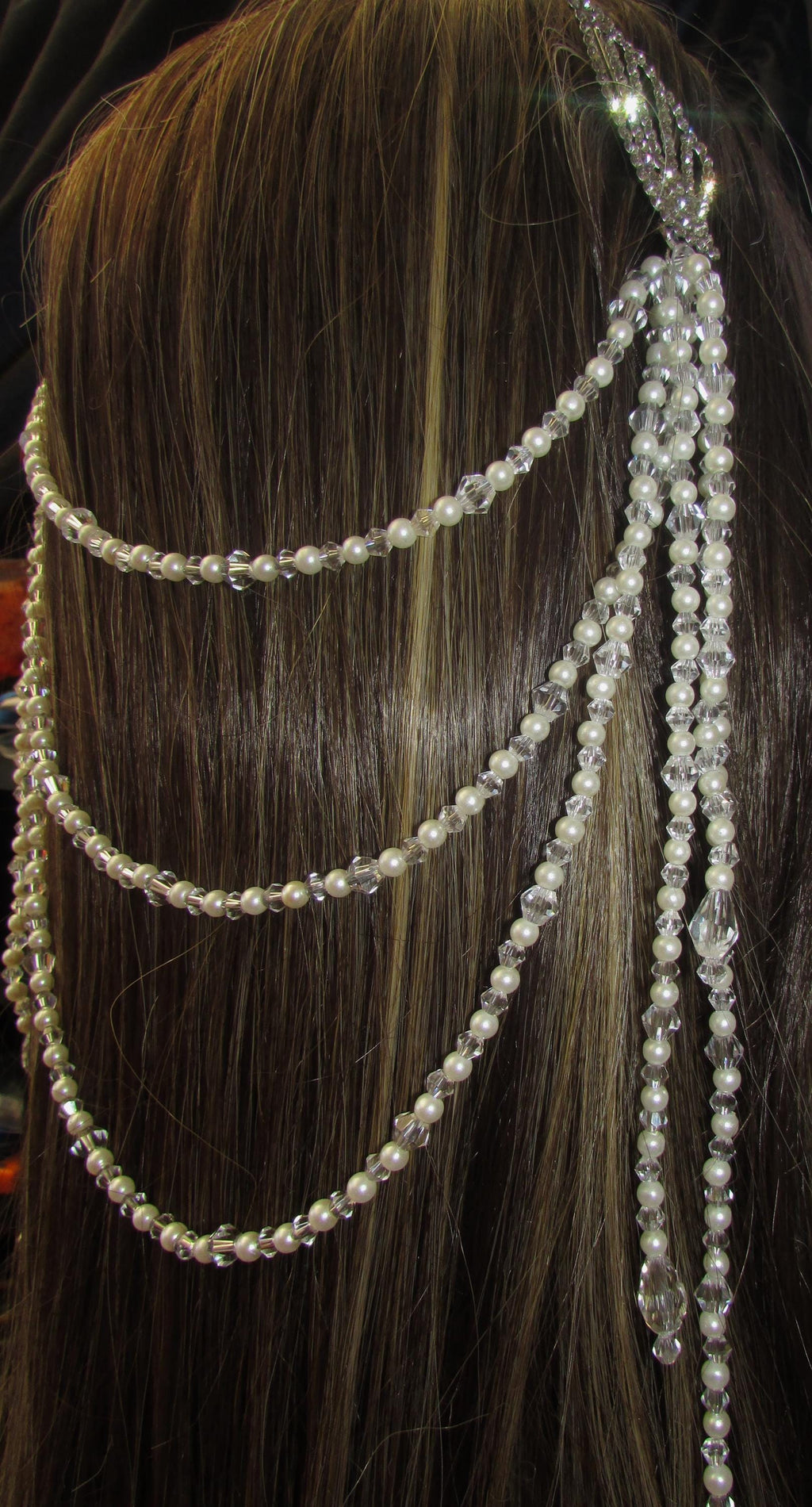 Pearl and crystal teardrops wedding hair chain accessory clip grips. 3 rows Bridal headpiece accessory.