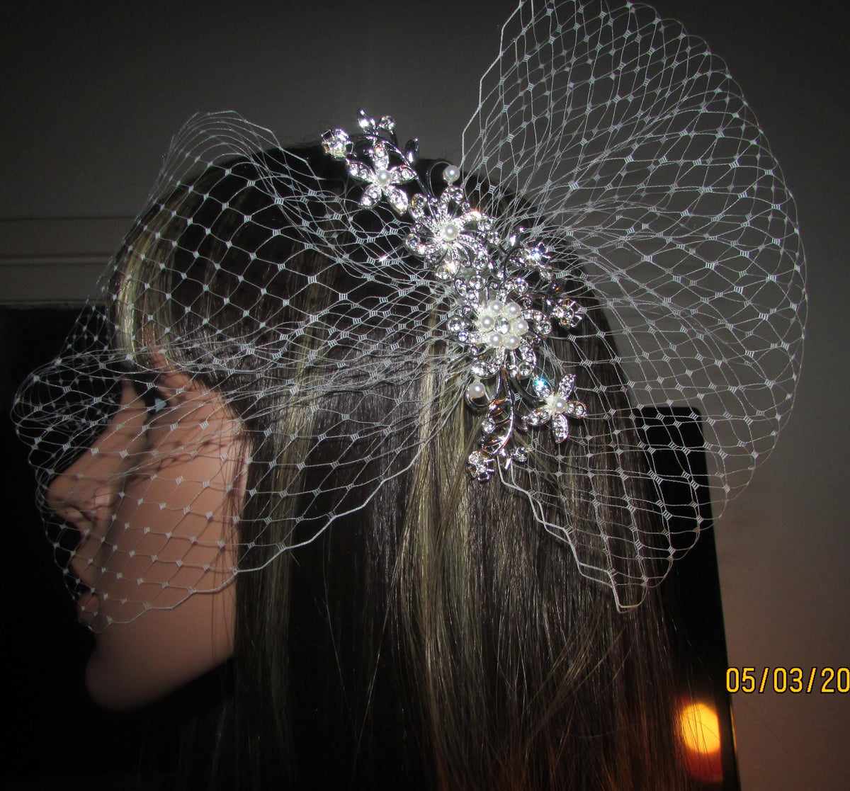 Birdcage veil and Diamante comb set. Ivory Wedding veil. 2 piece set. Bandeau style 8"