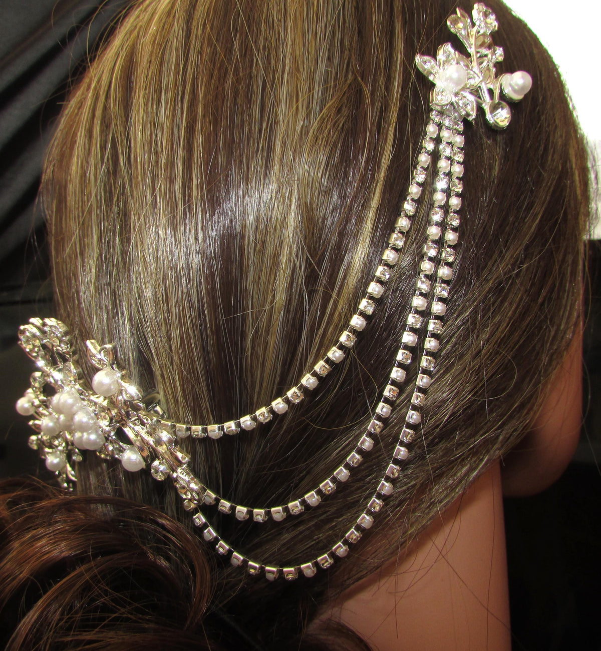 Pearl and Diamante rhinestone wedding hair chain and comb hair accessory. 3 rows. Bridal headpiece accessory.