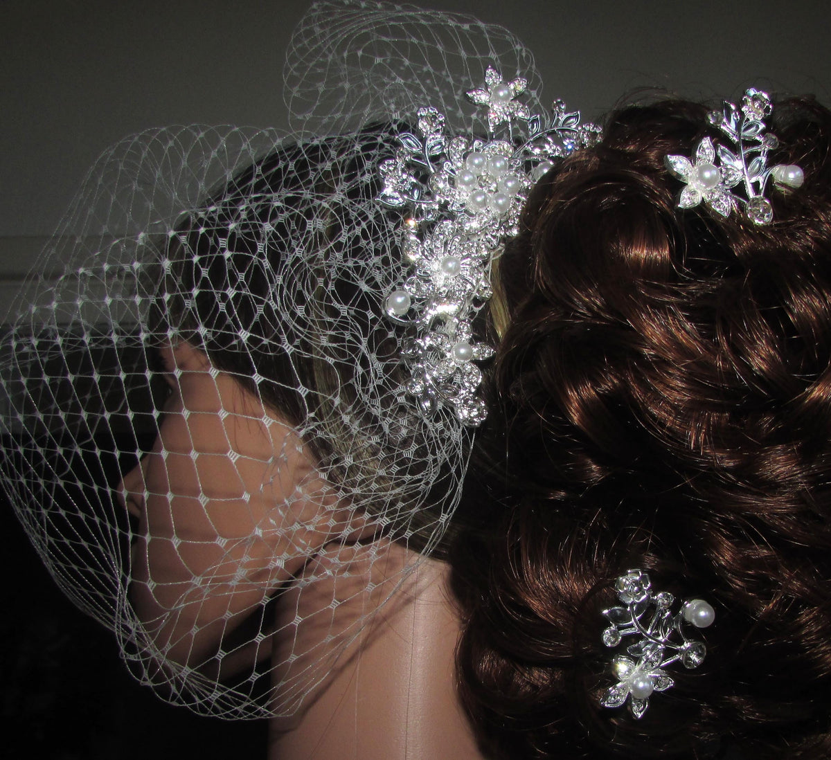 Birdcage veil wedding veil Ivory Diamante and Pearl comb with 2 matching head pins.