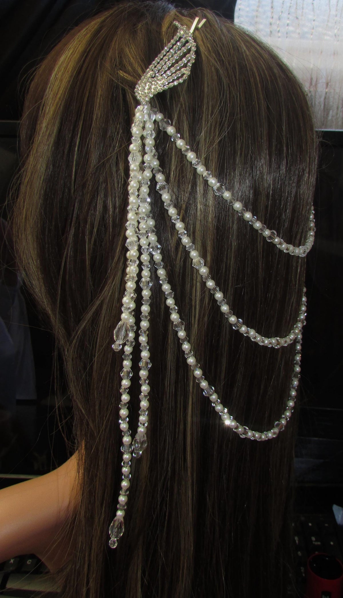Pearl and crystal teardrops wedding hair chain accessory clip grips. 3 rows Bridal headpiece accessory.
