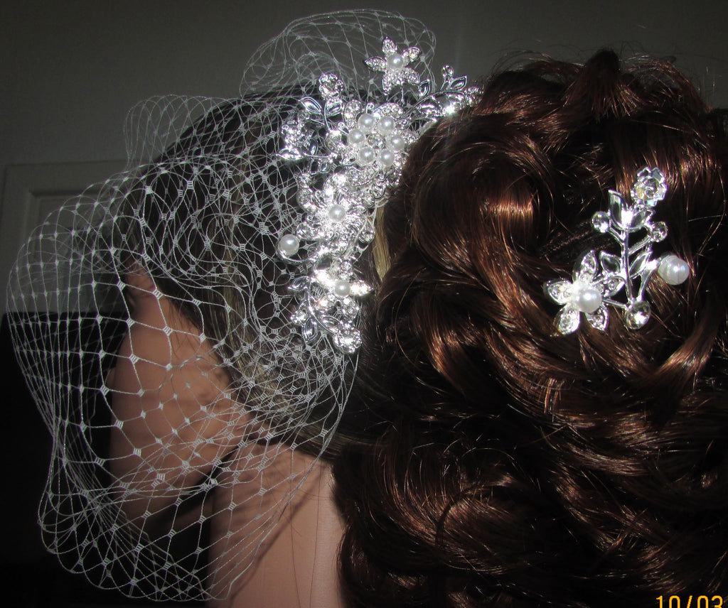 Birdcage veil wedding veil Ivory Diamante and Pearl comb with 2 matching head pins.