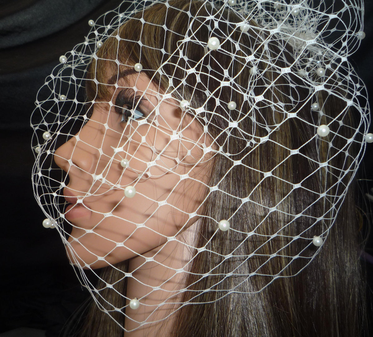 Ivory Birdcage veil 12" wedding veil with pearls.