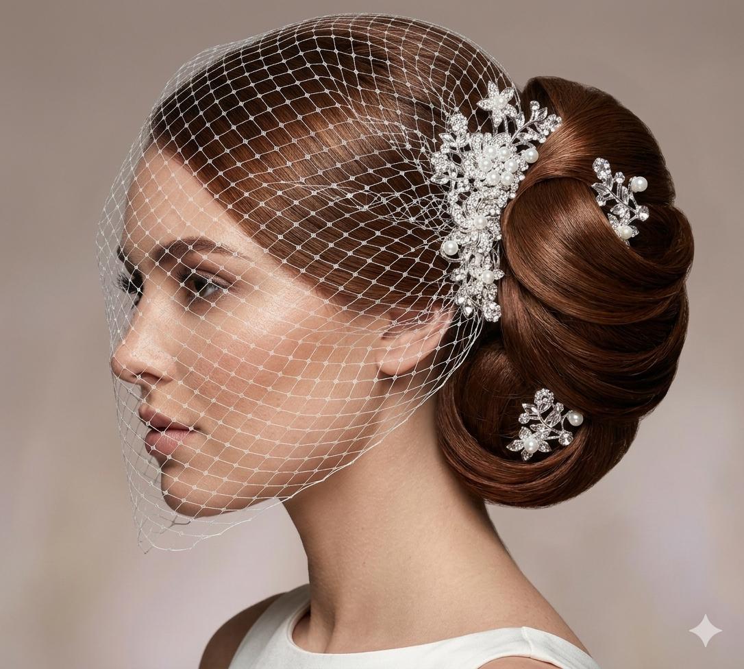 Birdcage veil wedding veil Ivory Diamante and Pearl comb with 2 matching head pins.