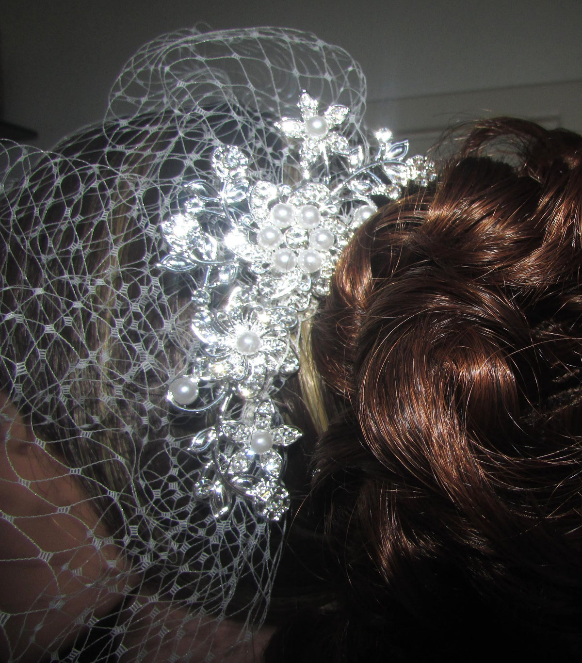 Birdcage veil wedding veil Ivory Diamante and Pearl comb.