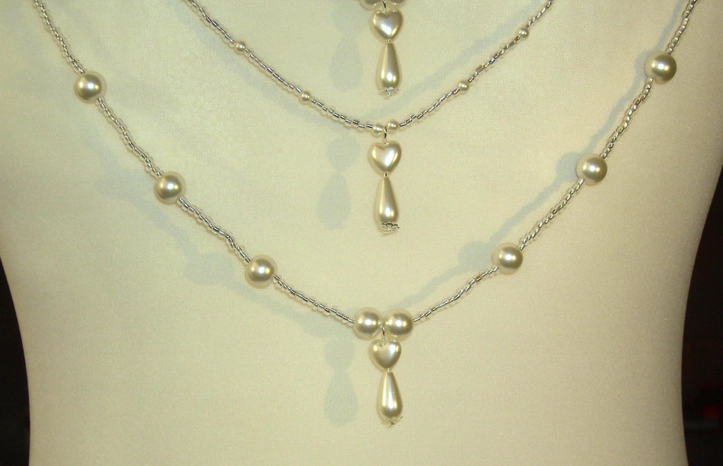Crystal Pearl Drop Heart Draped Wedding Necklace: Front or back Silver Bridal Body Chain