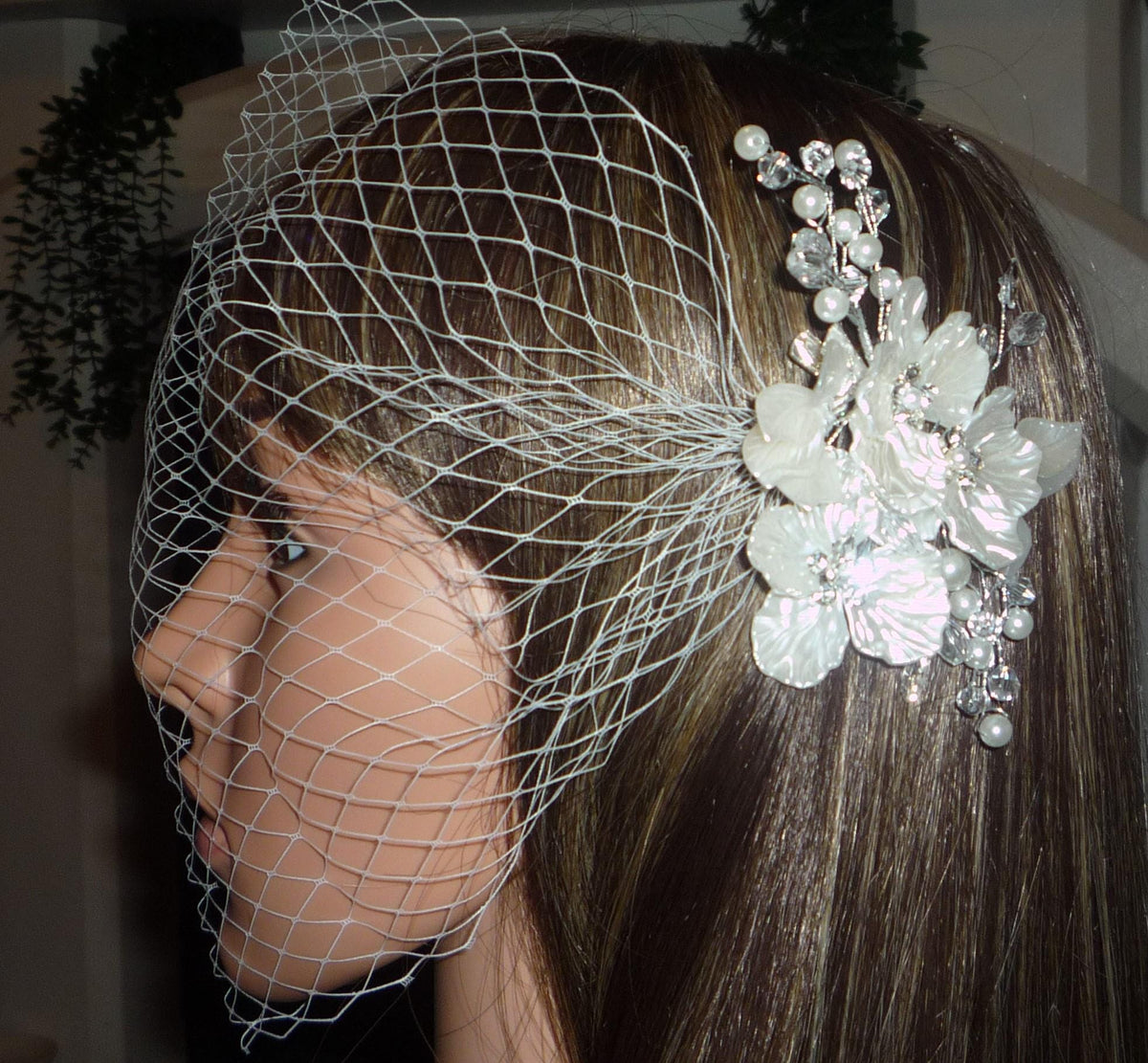 Birdcage veil bandeau 8 inch wedding veil Ivory Pearl crystal diamante flowers clip.