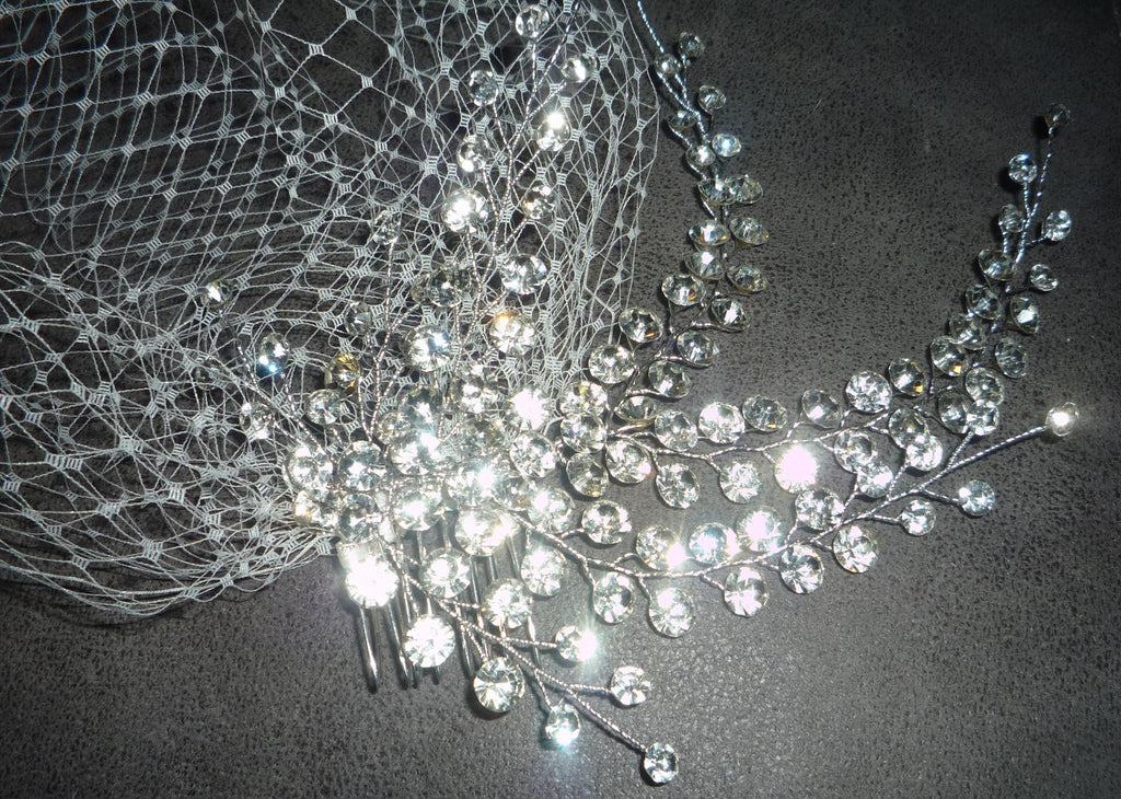 Birdcage veil wedding veil Ivory detachable Diamante cascade comb.
