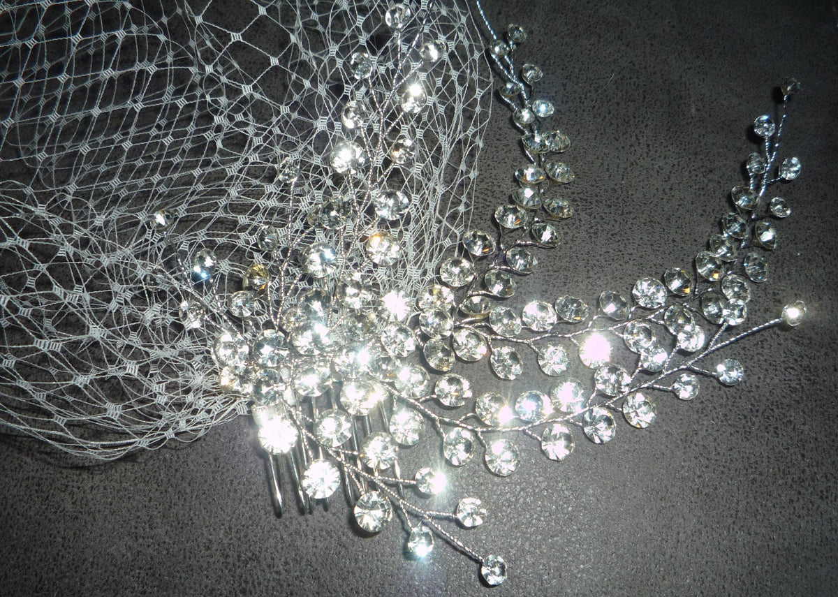 Birdcage veil wedding veil Ivory detachable Diamante cascade comb.