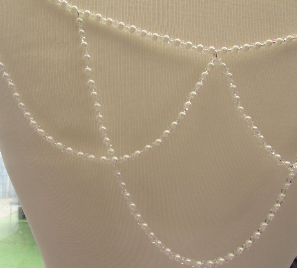 Crystal and Pale Ivory Pearl Loop back drape necklace 3 rows bridal chains wedding dress accessory.