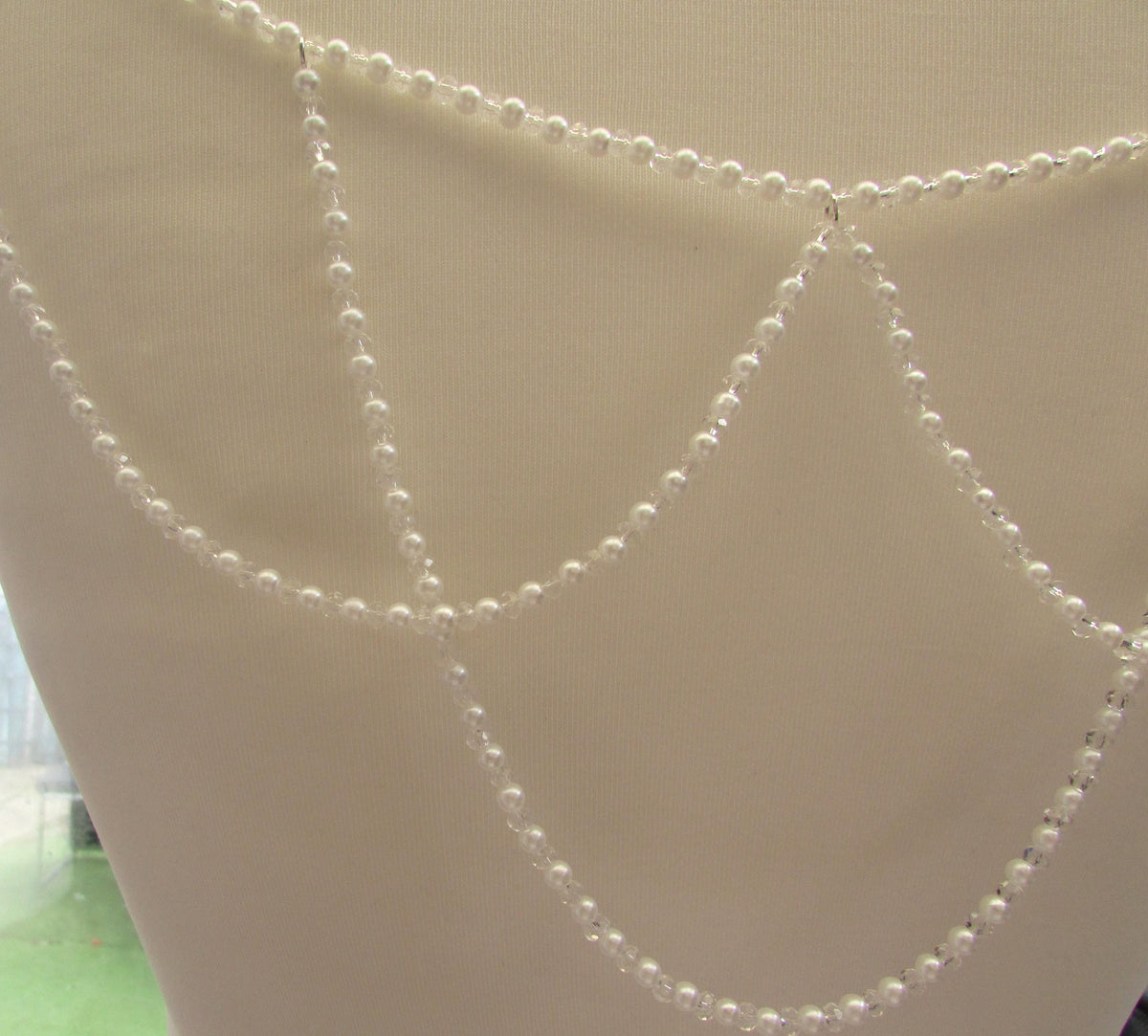 Crystal and Pale Ivory Pearl Loop back drape necklace 3 rows bridal chains wedding dress accessory.