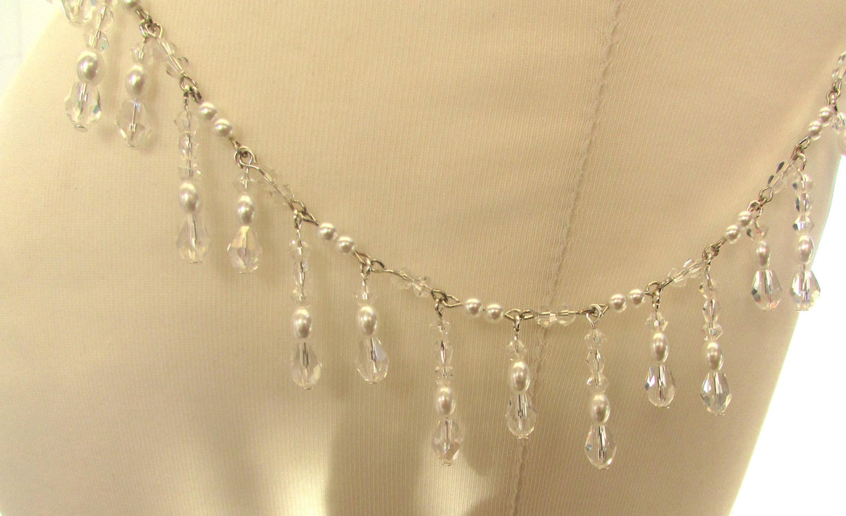 Shoulder Chains Crystal drop Epaulettes:  Treadrop with Crystals, pearls and rice pearls. Handmade Silver Body Jewellery 1 pair