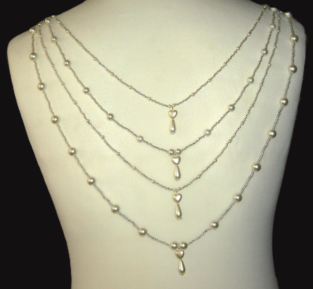 Crystal Pearl Drop Heart Draped Wedding Necklace: Front or back Silver Bridal Body Chain