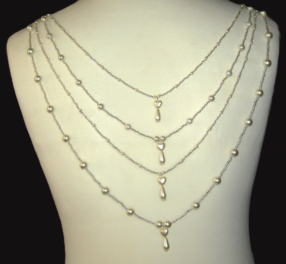 Crystal Pearl Drop Heart Draped Wedding Necklace: Front or back Silver Bridal Body Chain