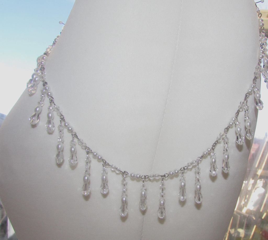 Shoulder Chains Crystal drop Epaulettes:  Treadrop with Crystals, pearls and rice pearls. Handmade Silver Body Jewellery 1 pair