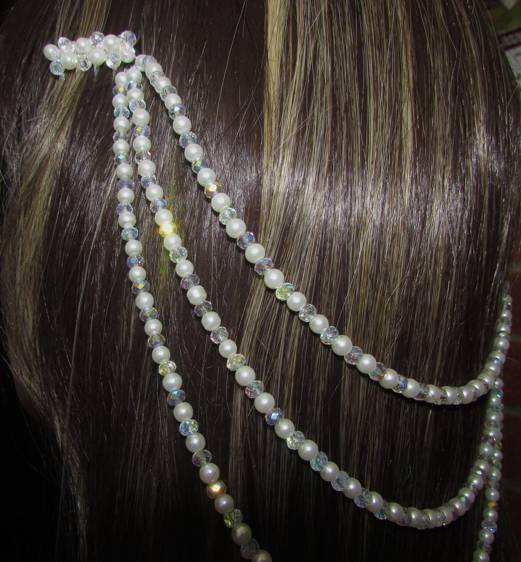 AB Crystal & Pearl Bridal Hair Chain Comb | 3 Row Wedding Headpiece | Handmade Bridal Hair Accessory