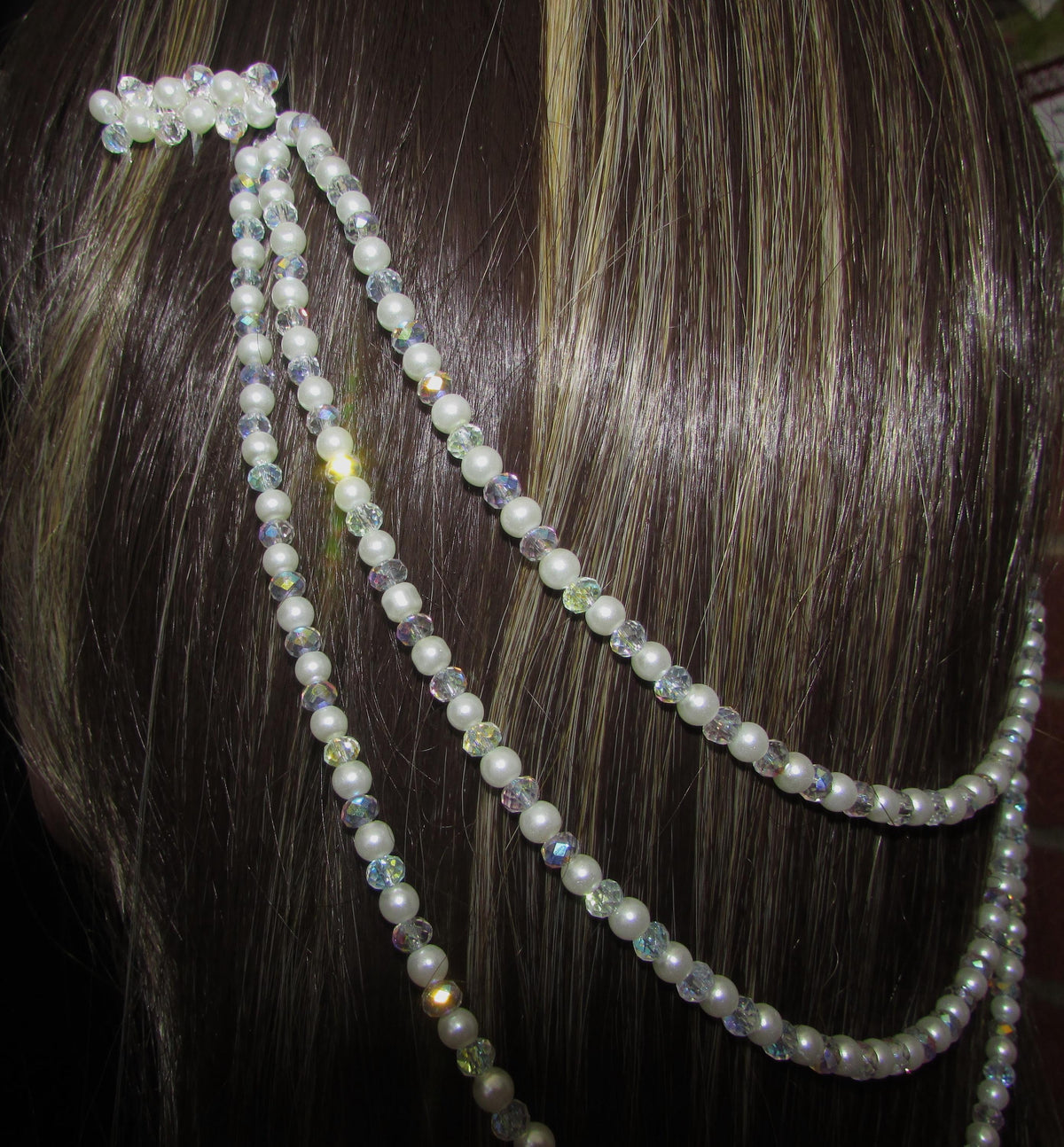 AB Crystal & Pearl Bridal Hair Chain Comb | 3 Row Wedding Headpiece | Handmade Bridal Hair Accessory