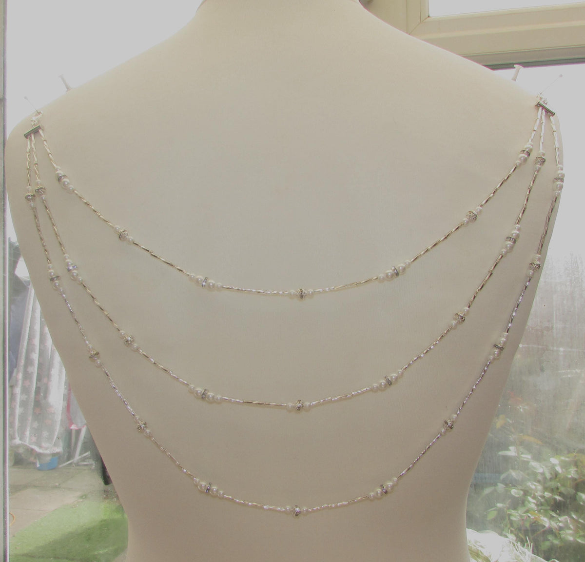 Diamantes pearl silver twists Wedding Back Draped chain Necklace: Wedding dress accessory. Handmade Silver Body Chain