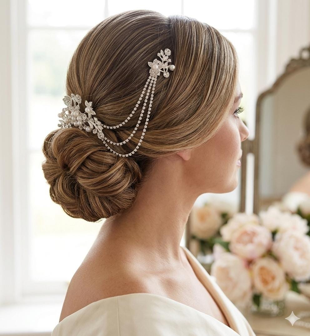 Pearl and Diamante rhinestone wedding hair chain and comb hair accessory. 3 rows. Bridal headpiece accessory.
