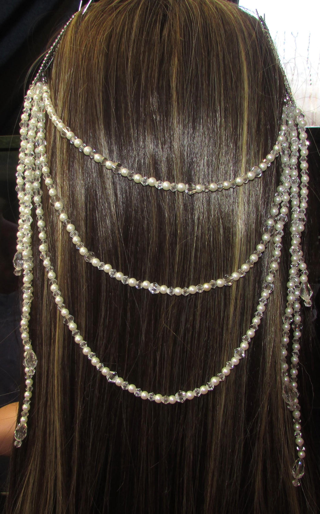 Pearl and crystal teardrops wedding hair chain accessory clip grips. 3 rows Bridal headpiece accessory.