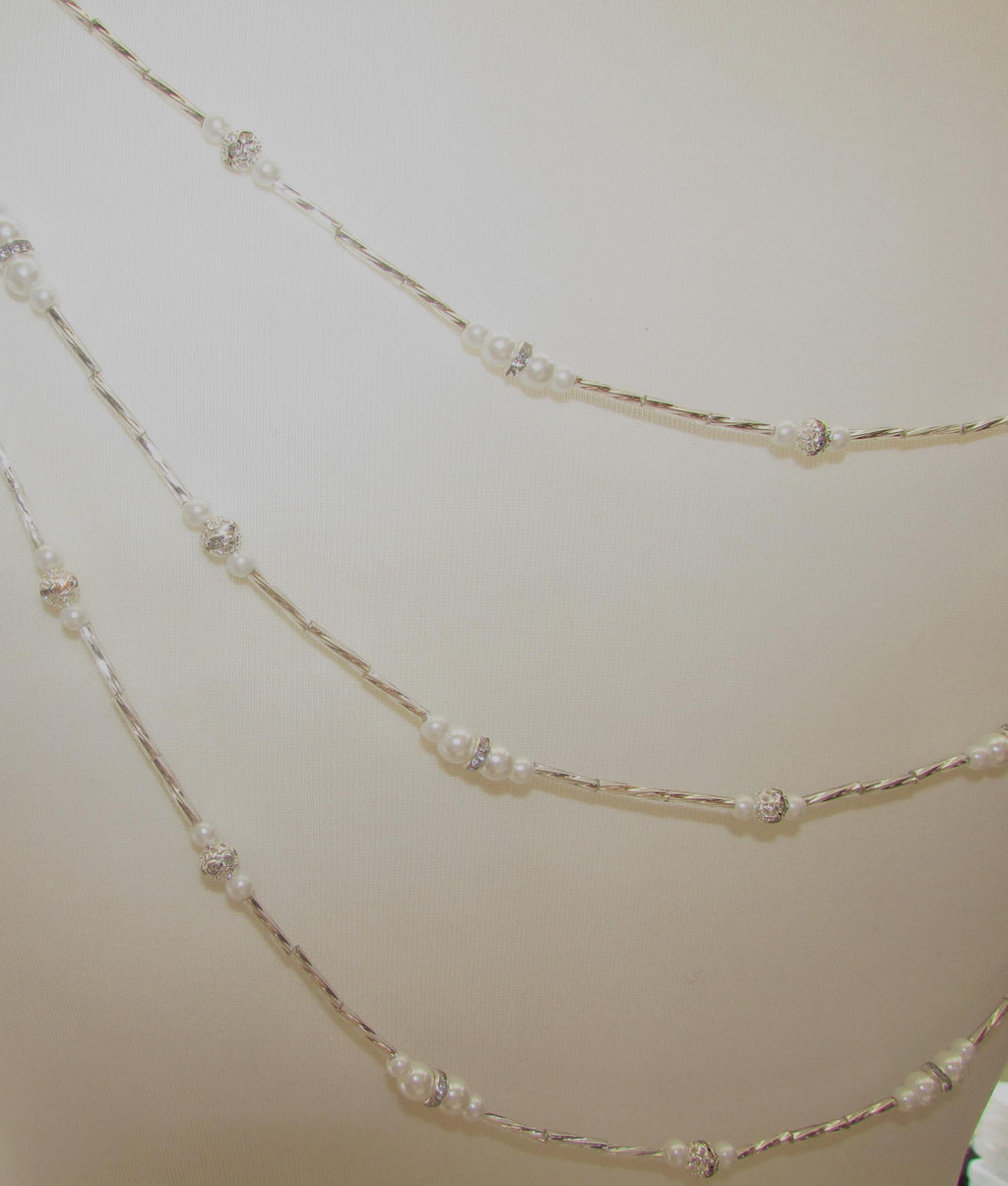 Diamantes pearl silver twists Wedding Back Draped chain Necklace: Wedding dress accessory. Handmade Silver Body Chain