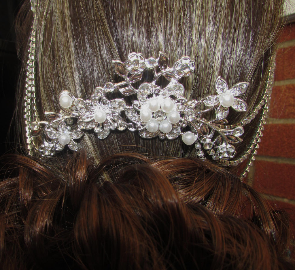 Pearl and Diamante rhinestone wedding hair chain and comb hair accessory. 3 rows. Bridal headpiece accessory.
