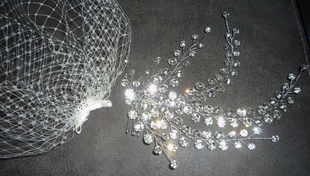Birdcage veil wedding veil Ivory detachable Diamante cascade comb.