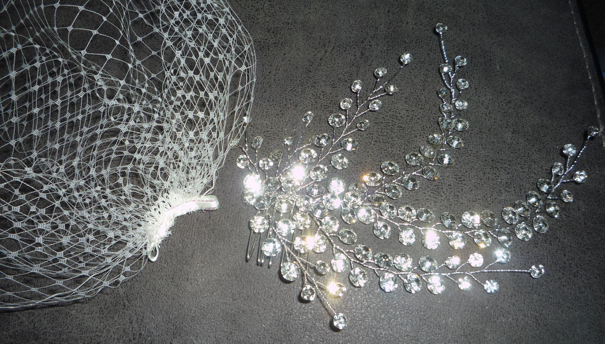 Birdcage veil wedding veil Ivory detachable Diamante cascade comb.