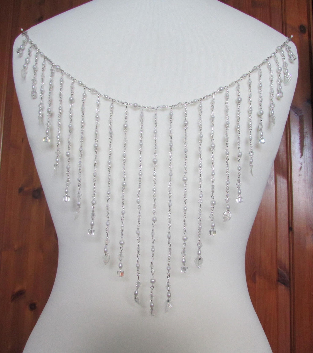 Crystal Pearl Back Drape Necklace AB Cube leaf Tassels, Brides Wedding dress statement draped back Body Chain.