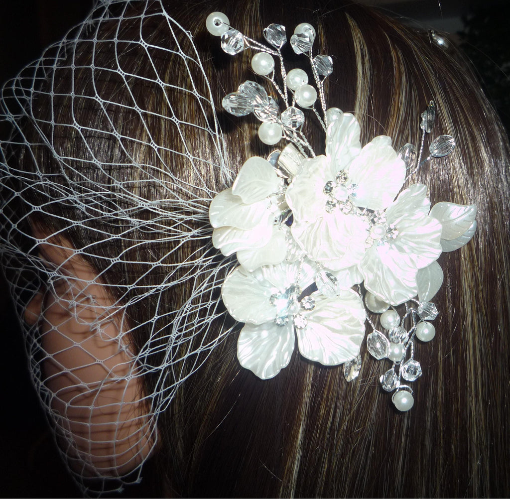 Birdcage veil bandeau 8 inch wedding veil Ivory Pearl crystal diamante flowers clip.
