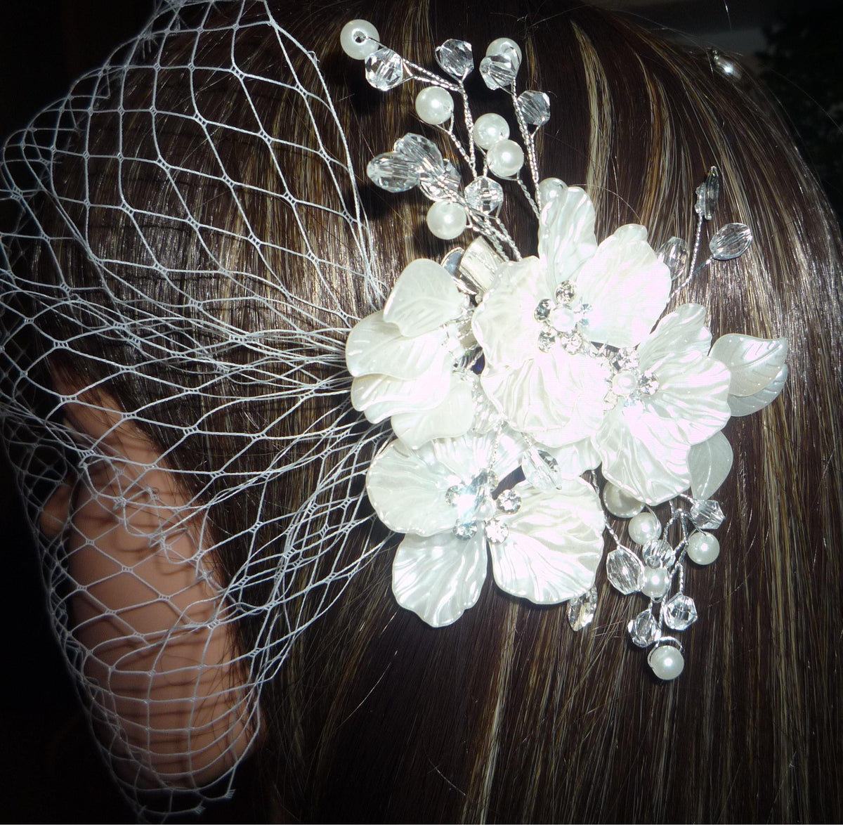 Birdcage veil bandeau 8 inch wedding veil Ivory Pearl crystal diamante flowers clip.