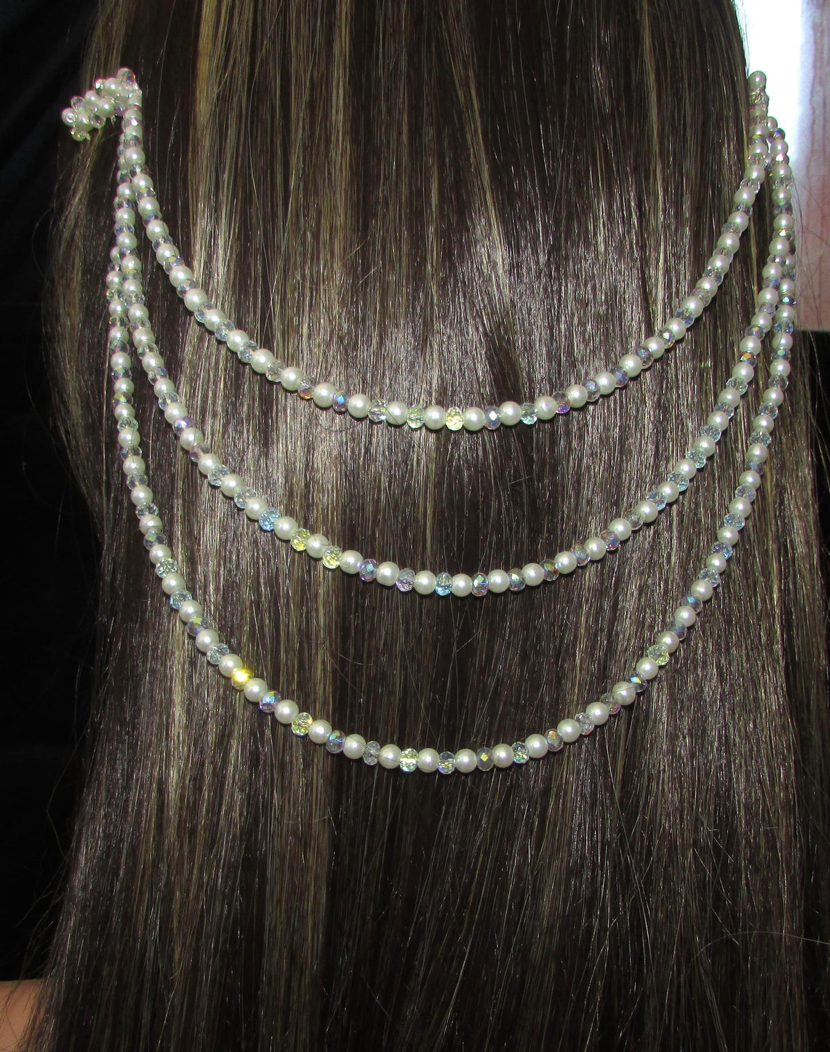 AB Crystal & Pearl Bridal Hair Chain Comb | 3 Row Wedding Headpiece | Handmade Bridal Hair Accessory