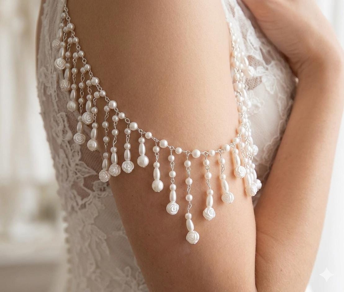 Shoulder arm Chains Pearl drop roses Epaulettes: Handmade Silver Wedding Body Jewellery  sold as 1 pair.