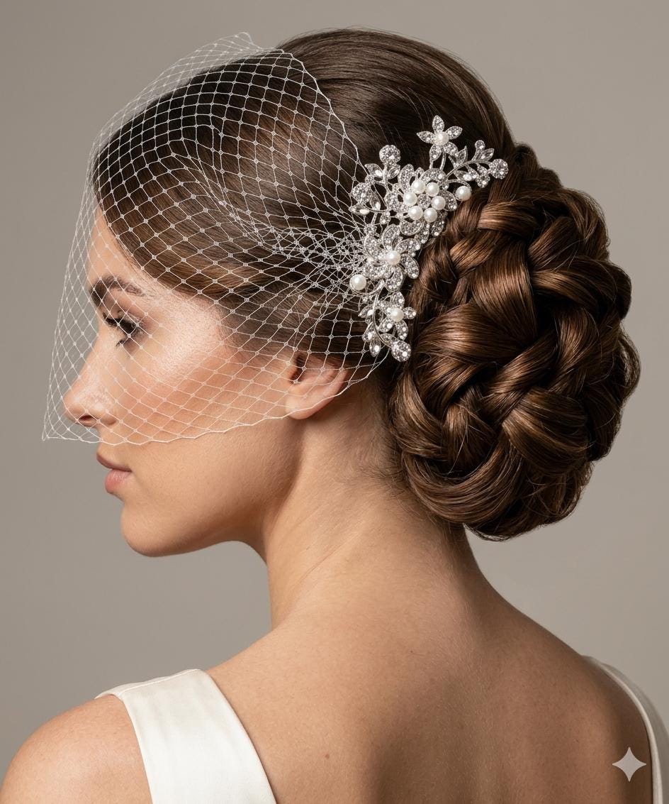 Birdcage wedding veil Bandeau with Ivory Diamante and Pearl comb.