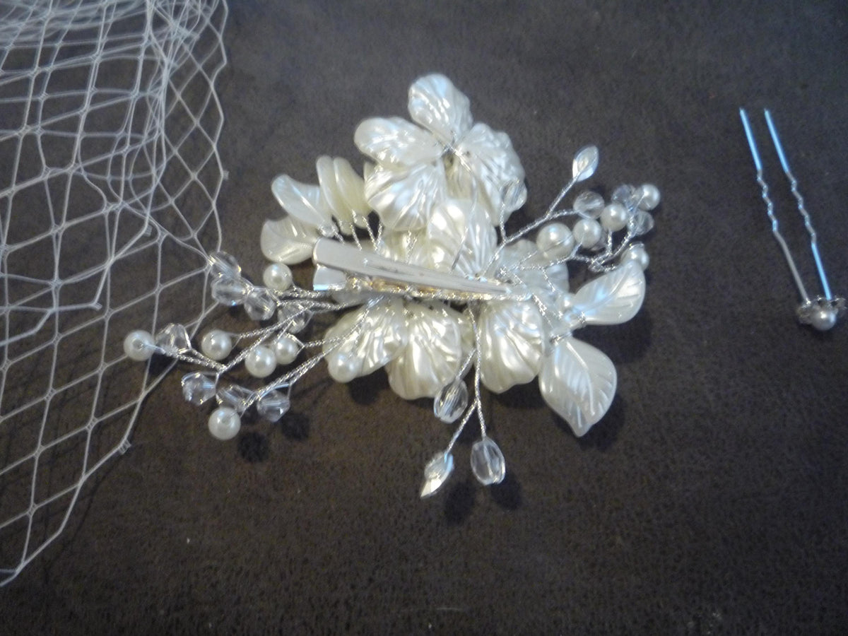 Birdcage veil bandeau 8 inch wedding veil Ivory Pearl crystal diamante flowers clip.